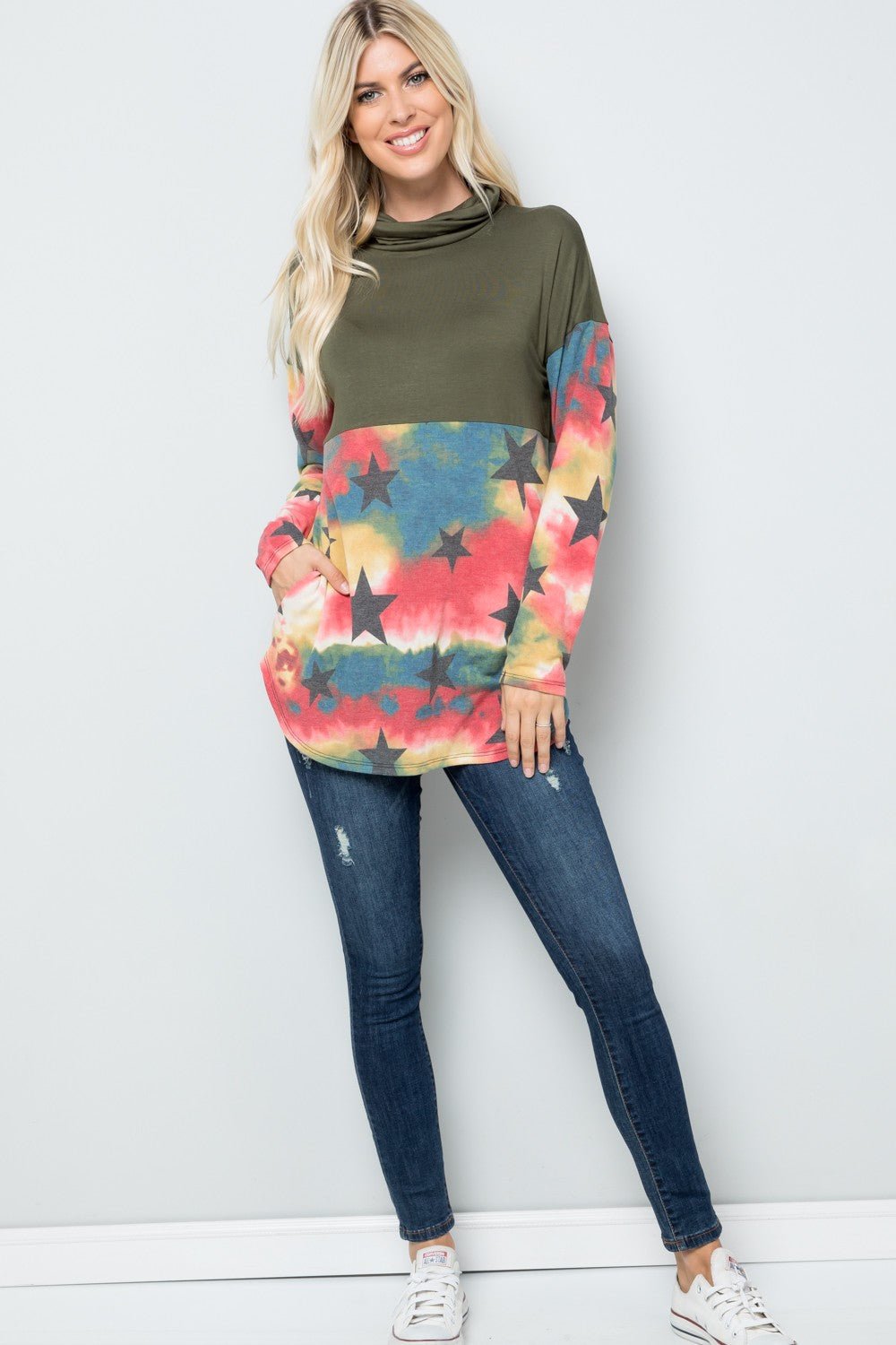 CELESTE - Tie - Dye Star Print Long Sleeve Turtleneck Blouse in Olive