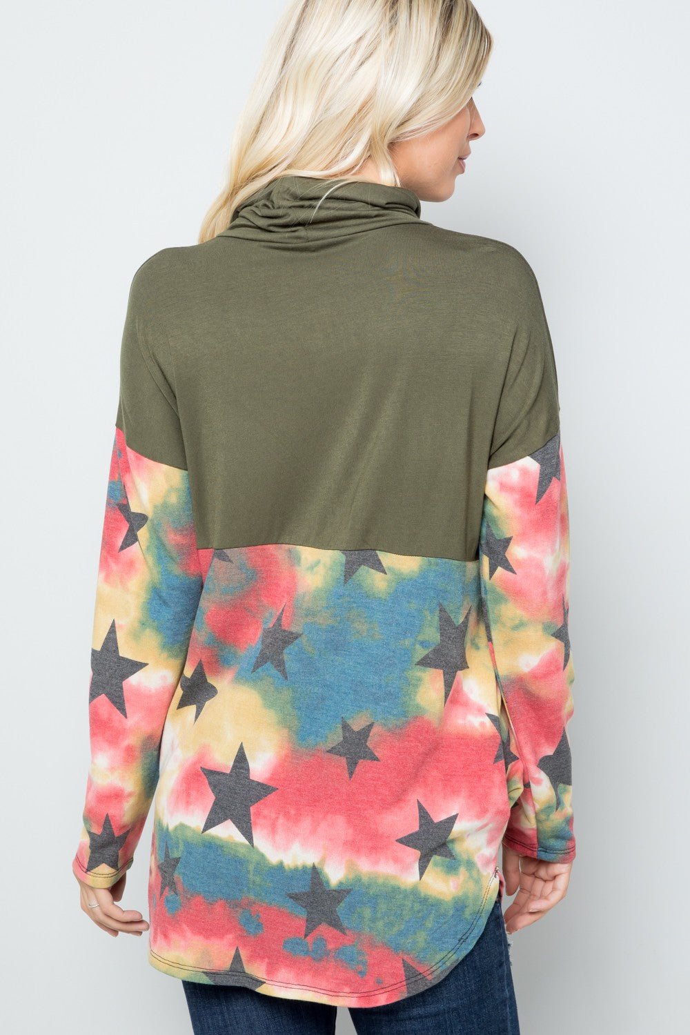 CELESTE - Tie - Dye Star Print Long Sleeve Turtleneck Blouse in Olive