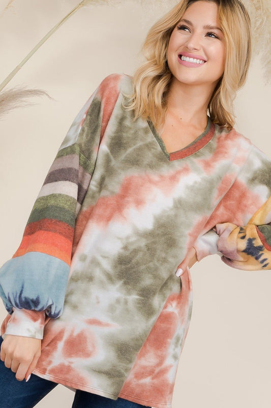 CELESTE - Tie - Dye Striped V - Neck Blouse in Olive