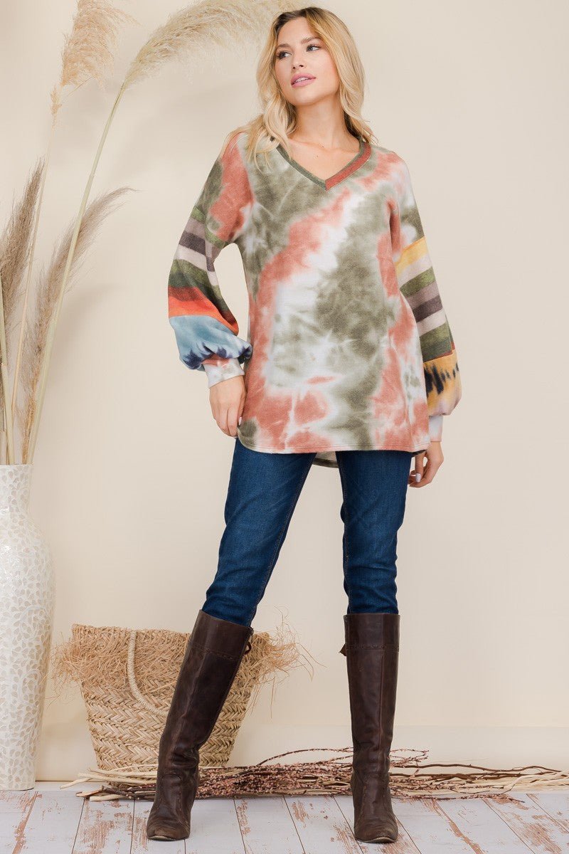 CELESTE - Tie - Dye Striped V - Neck Blouse in Olive