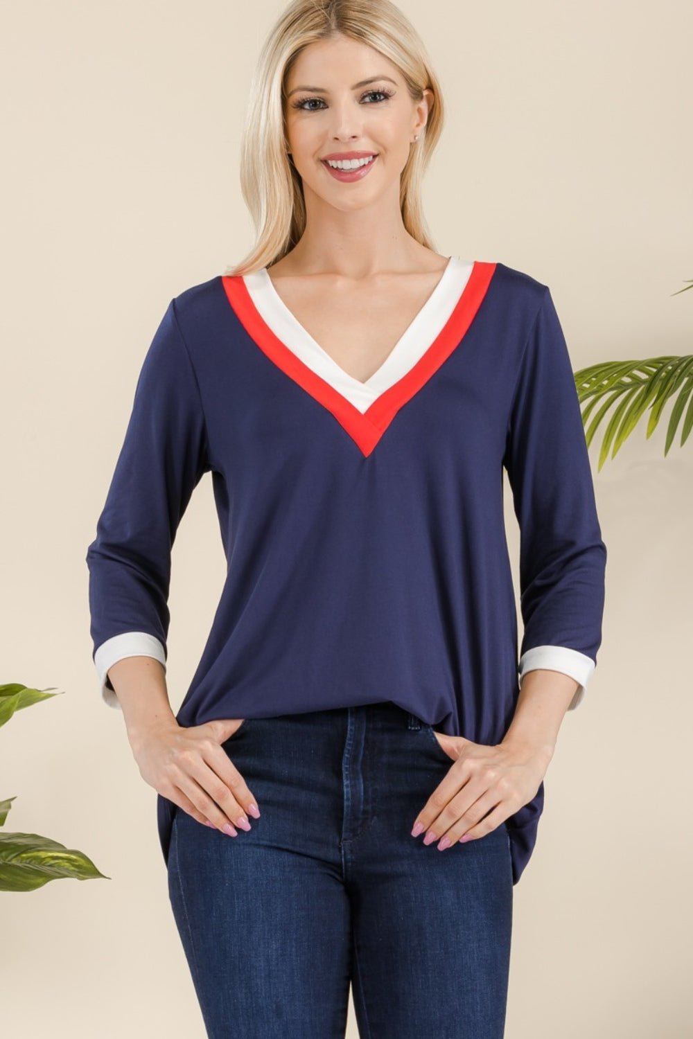 CELESTE - V - Neck Contrast T-Shirt in Navy Ivory