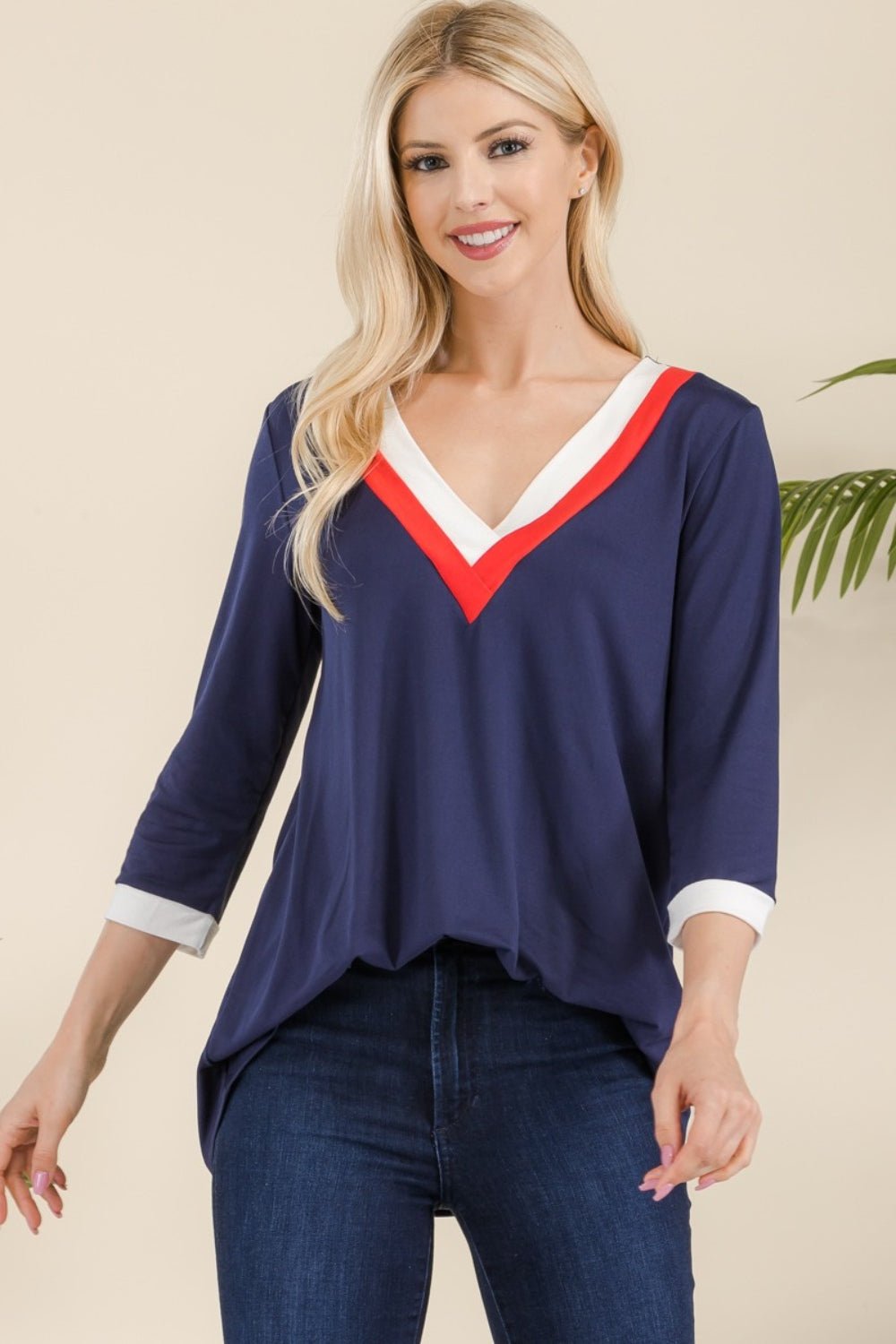 CELESTE - V - Neck Contrast T-Shirt in Navy Ivory