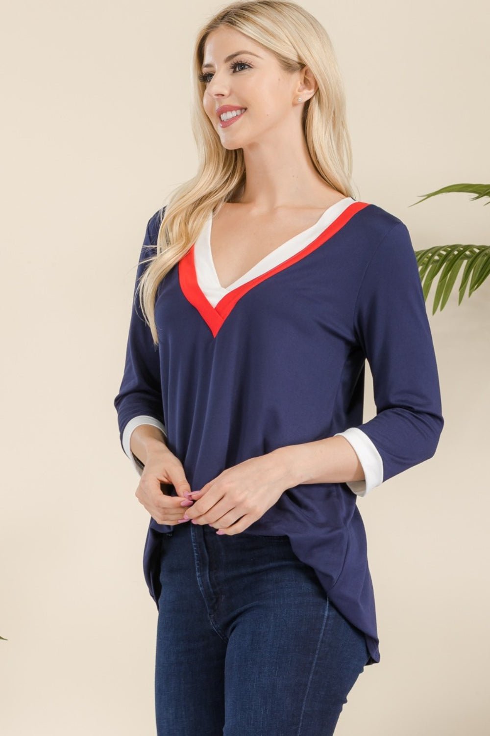 CELESTE - V - Neck Contrast T-Shirt in Navy Ivory