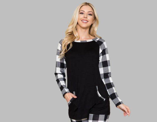 CELESTE - White Plaid Long Sleeve T - Shirt with Pockets