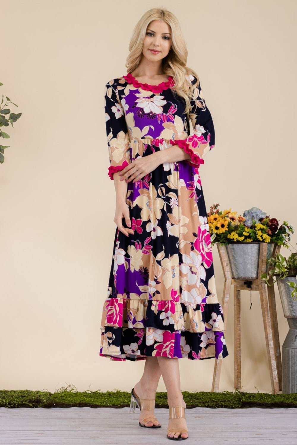 CELESTEFloral Ruffled Midi Dress in Navy Fuchsia