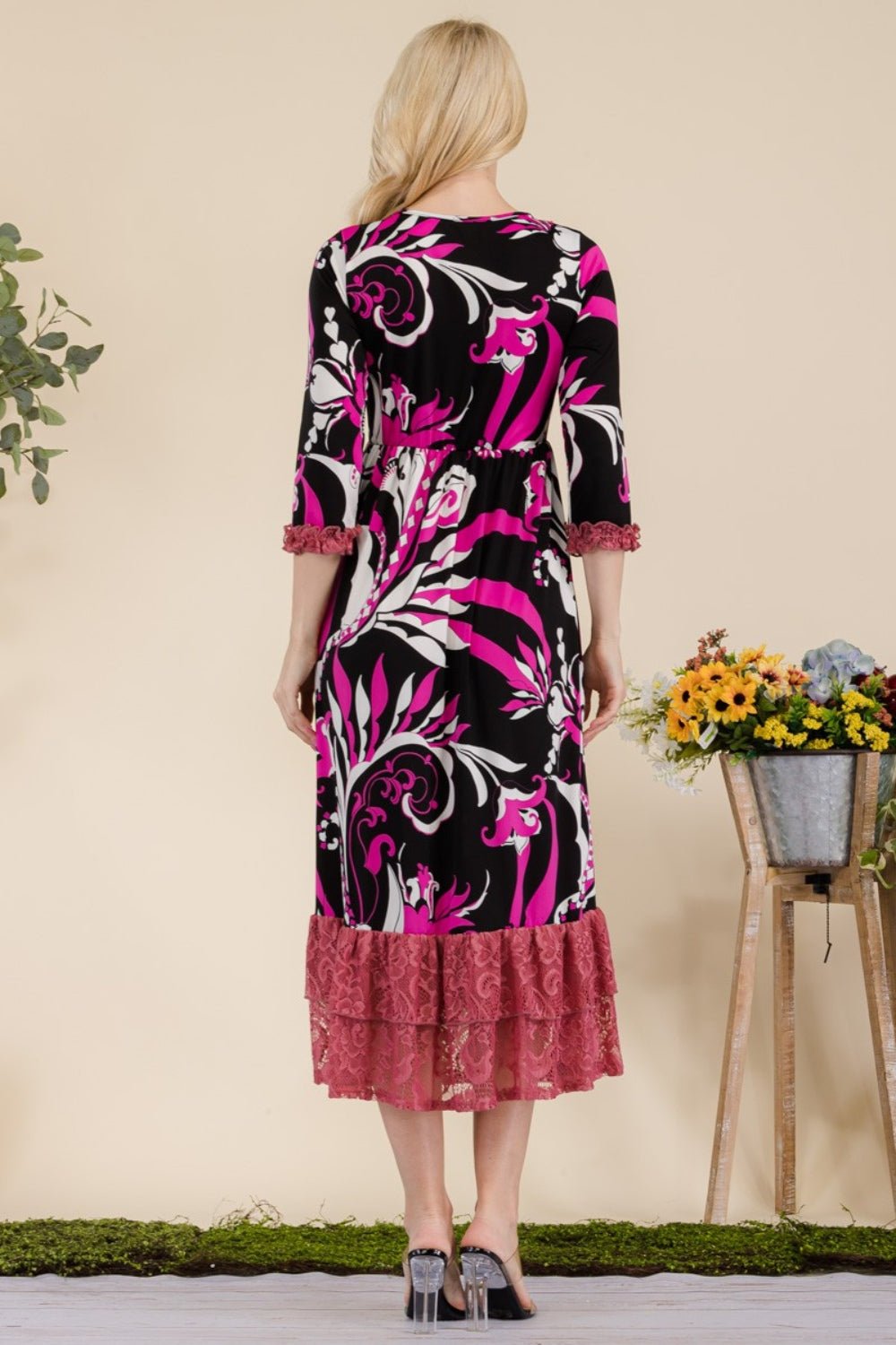 CELESTEPaisley Print Lace Ruffled Midi Dress in Fuchsia