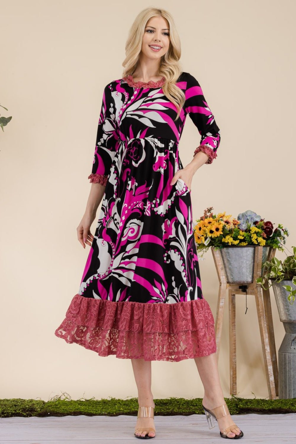 CELESTEPaisley Print Lace Ruffled Midi Dress in Fuchsia