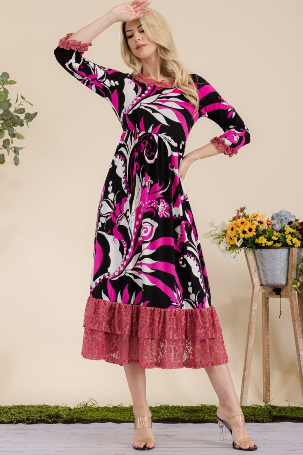 CELESTEPaisley Print Lace Ruffled Midi Dress in Fuchsia