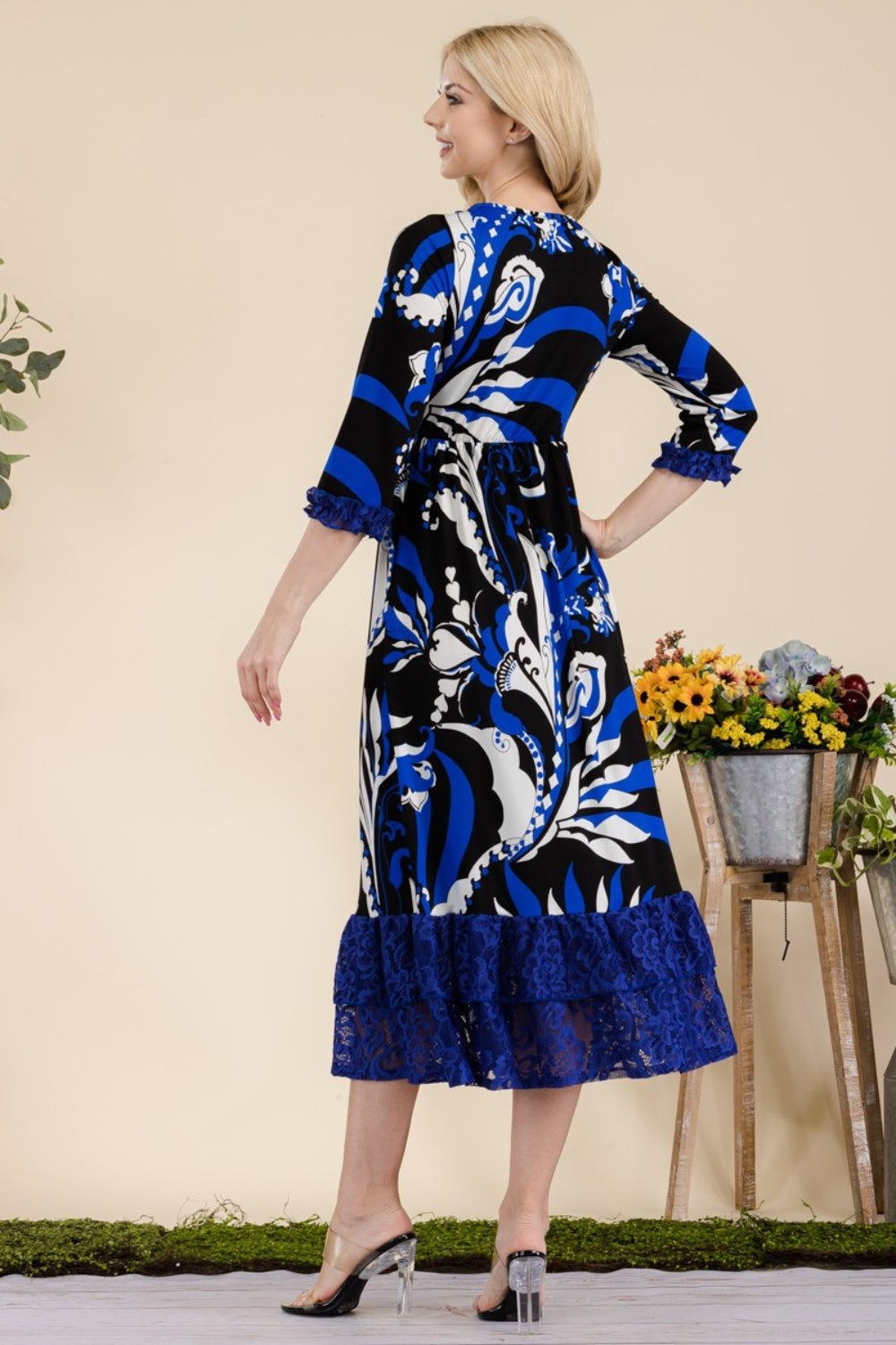 CELESTEPaisley Print Lace Ruffled Midi Dress in Royal Blue