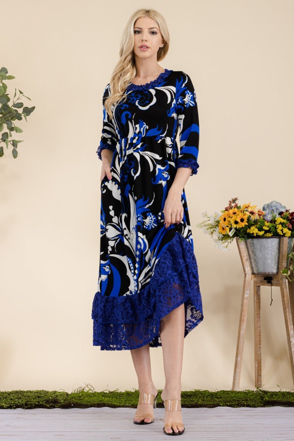 CELESTEPaisley Print Lace Ruffled Midi Dress in Royal Blue