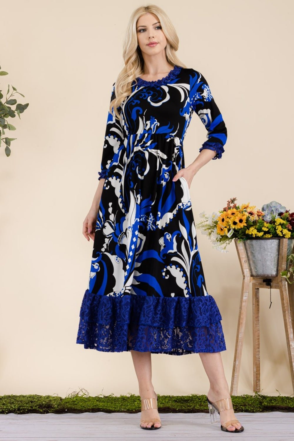 CELESTEPaisley Print Lace Ruffled Midi Dress in Royal Blue