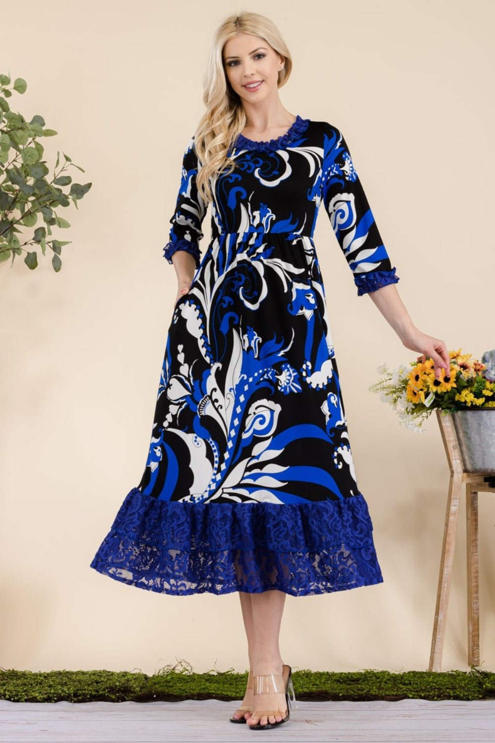 CELESTEPaisley Print Lace Ruffled Midi Dress in Royal Blue