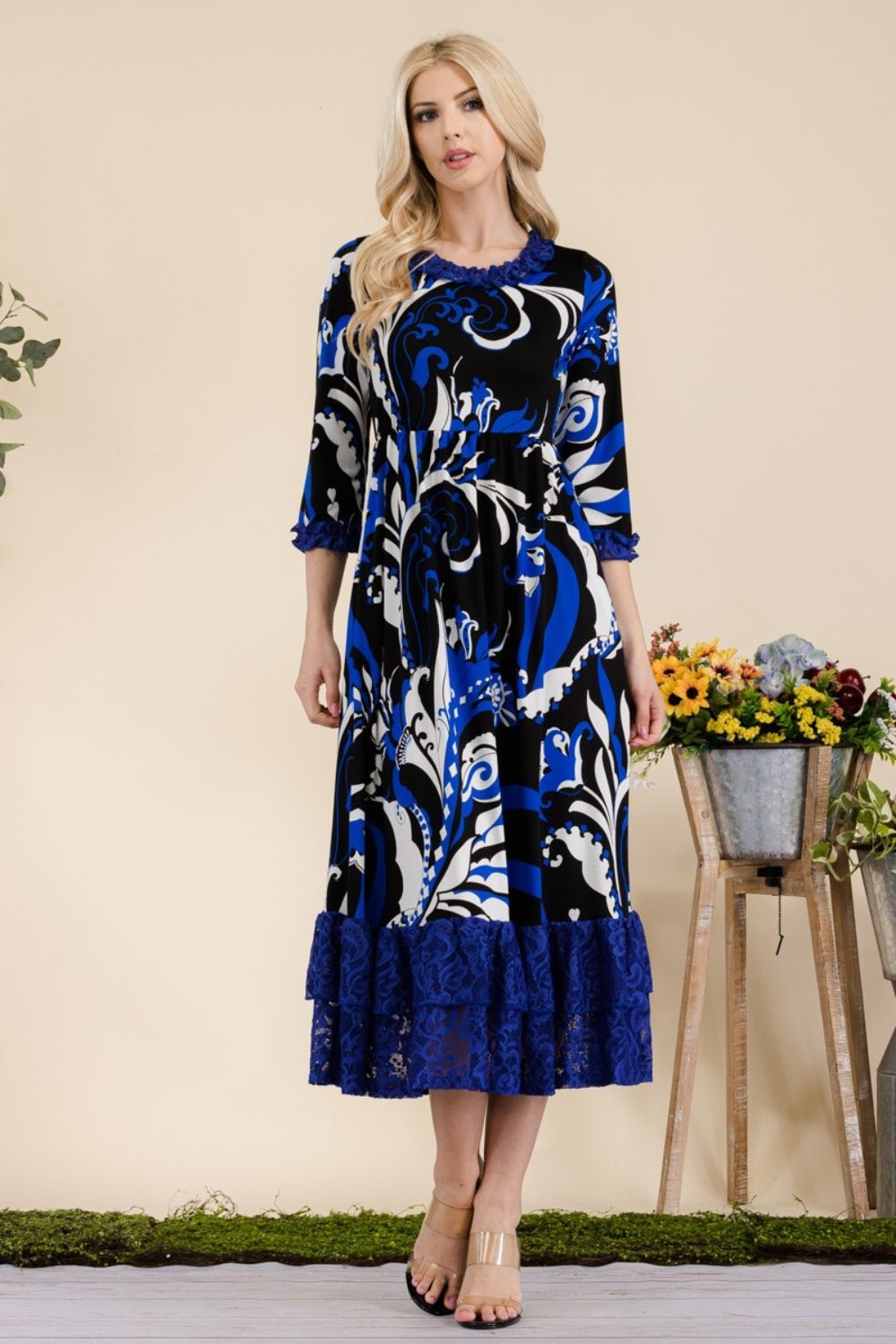 CELESTEPaisley Print Lace Ruffled Midi Dress in Royal Blue