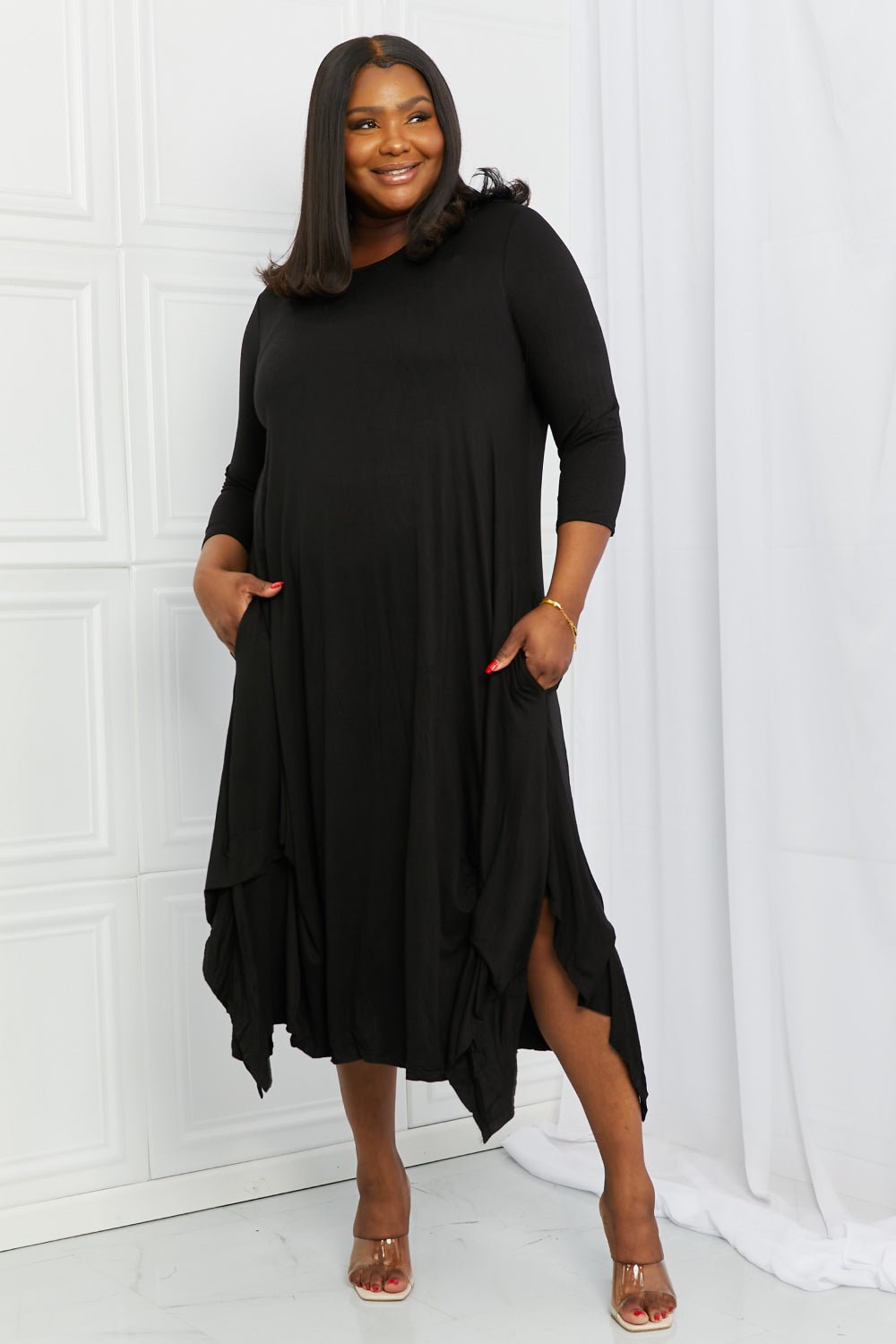 CELESTEPick - up Hem Asymmetric Midi Dress in Black