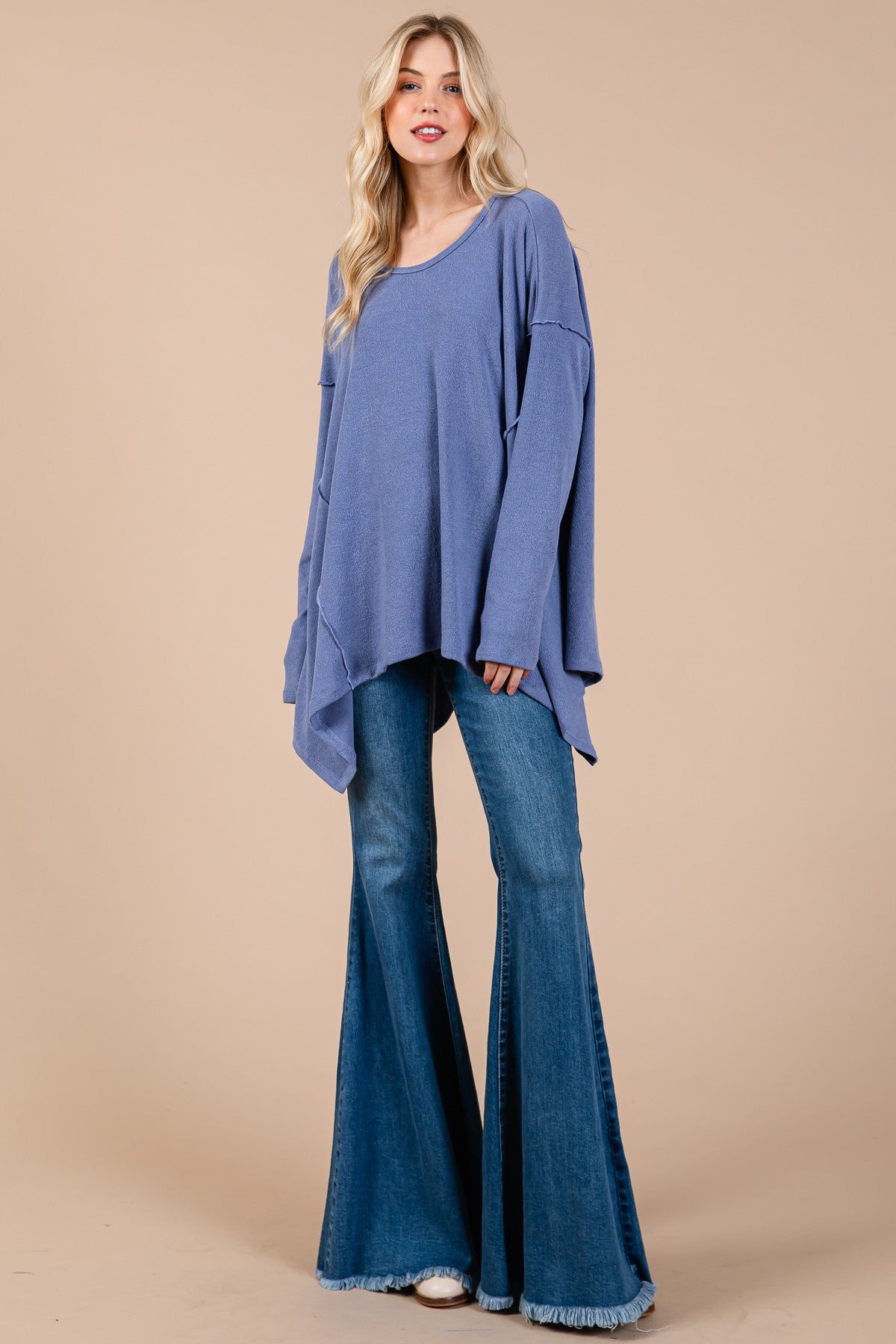 Ces Femme - Asymmetrical Hem Long Sleeve Top in Dusty Blue