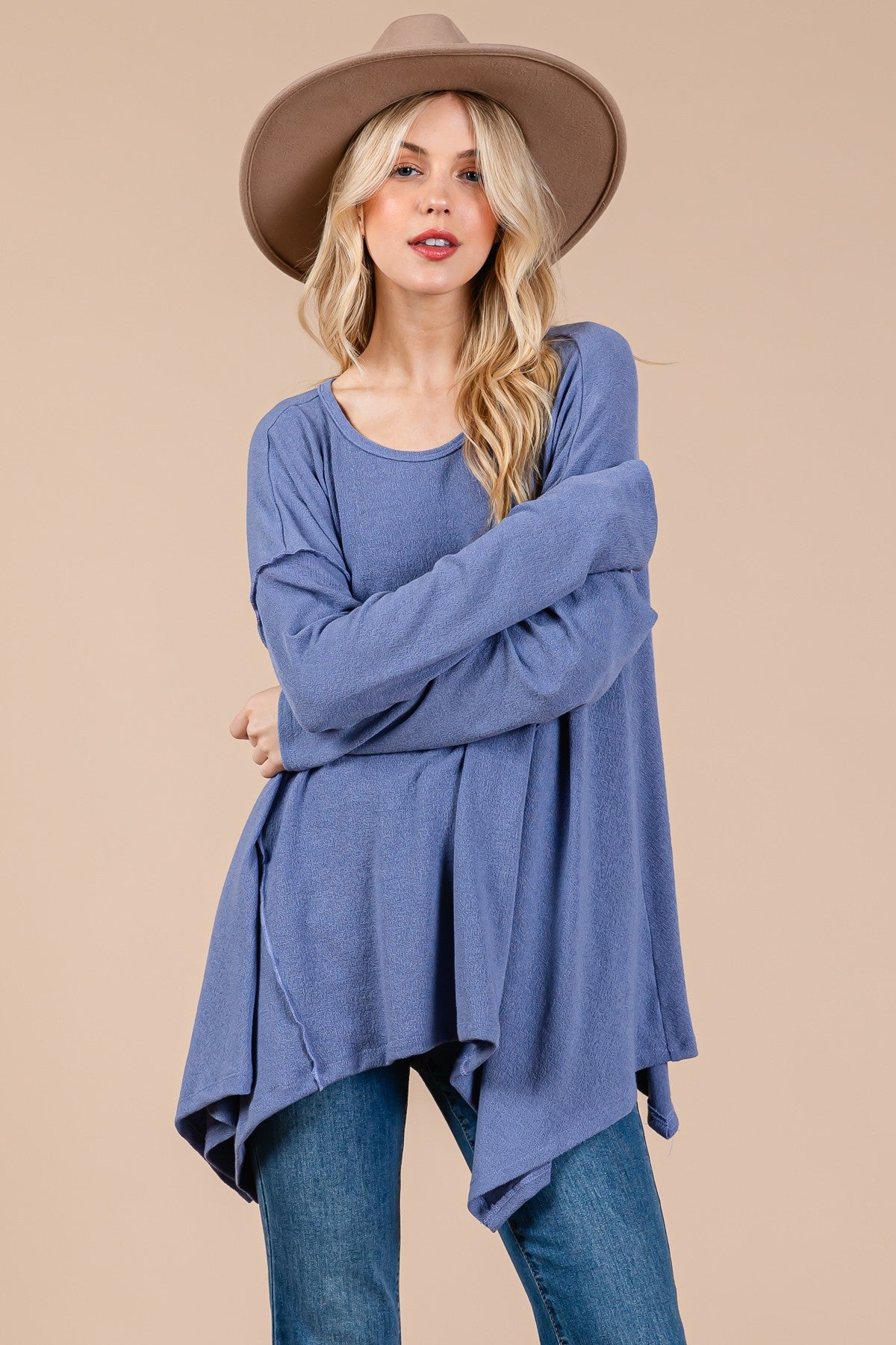 Ces Femme - Asymmetrical Hem Long Sleeve Top in Dusty Blue