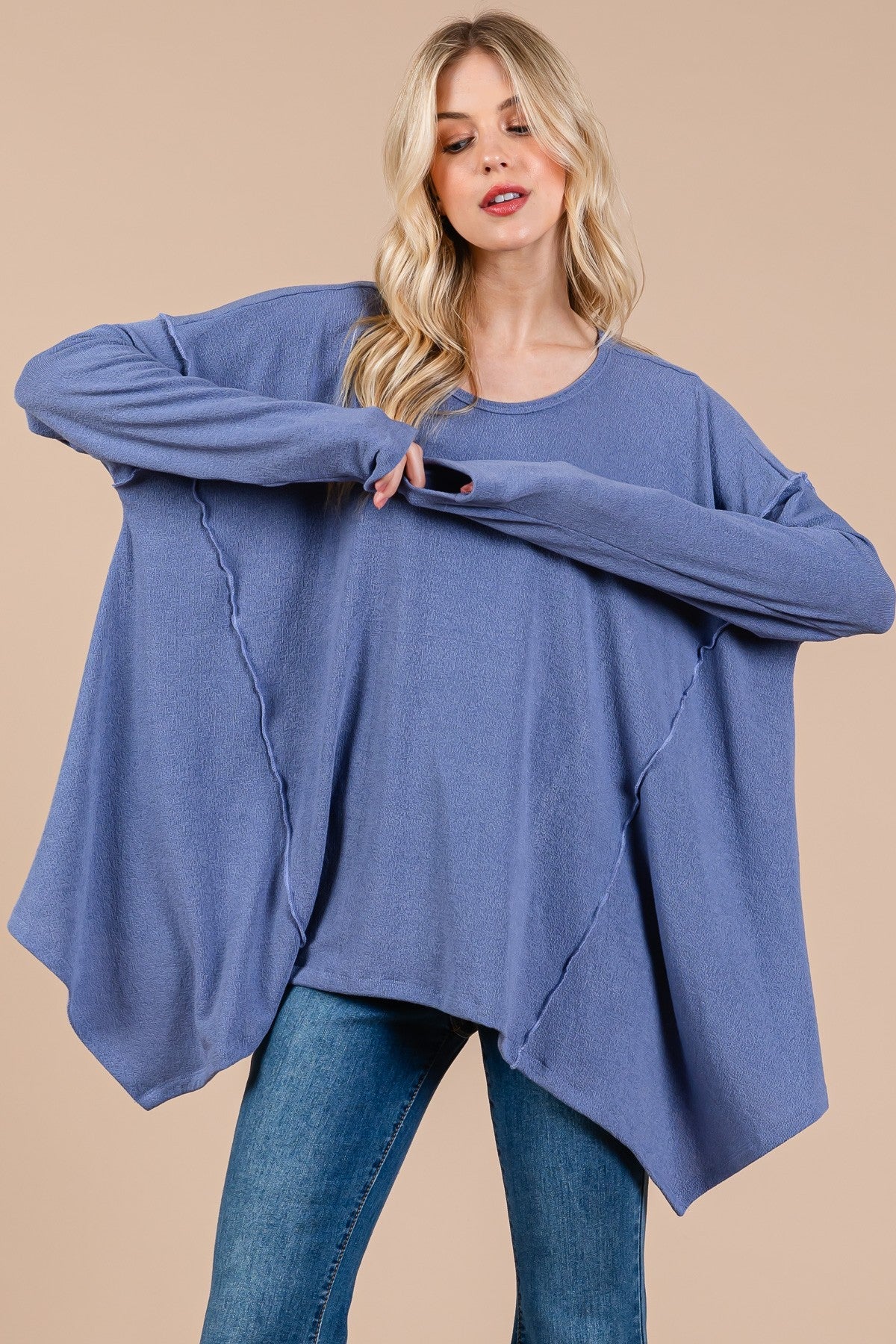 Ces Femme - Asymmetrical Hem Long Sleeve Top in Dusty Blue