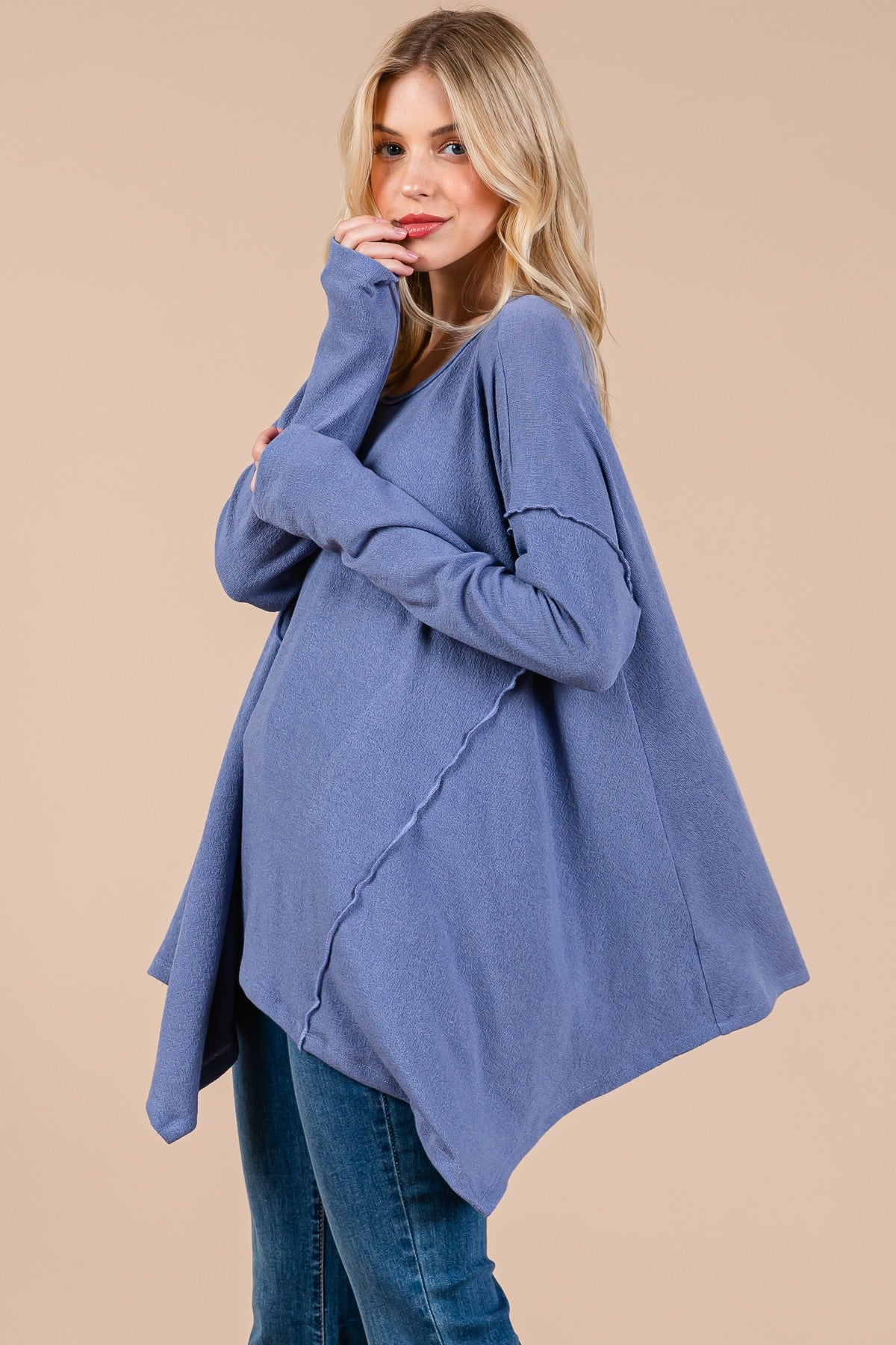 Ces Femme - Asymmetrical Hem Long Sleeve Top in Dusty Blue