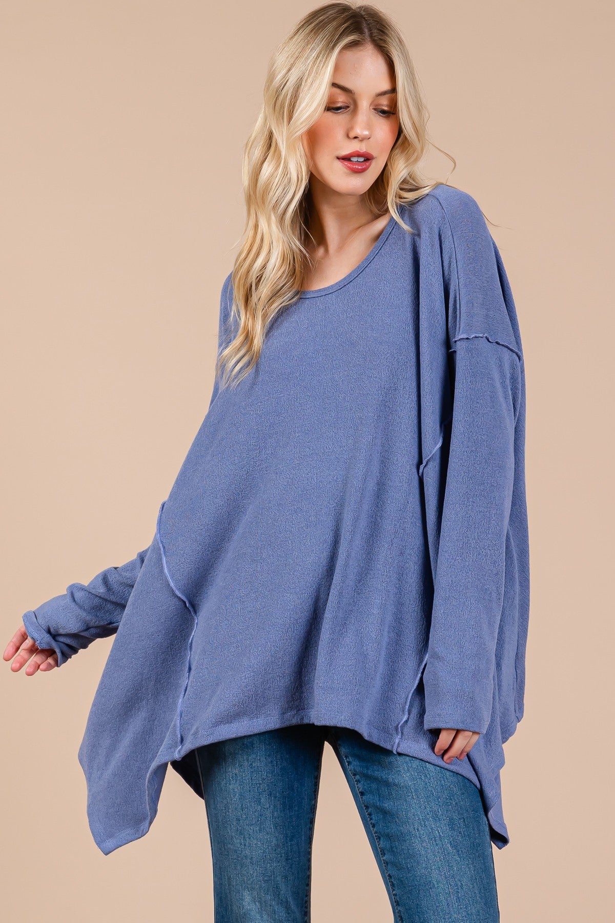 Ces Femme - Asymmetrical Hem Long Sleeve Top in Dusty Blue