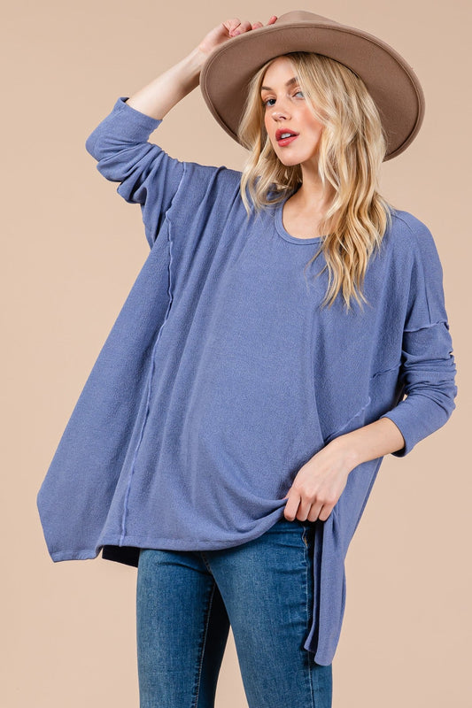 Ces Femme - Asymmetrical Hem Long Sleeve Top in Dusty Blue