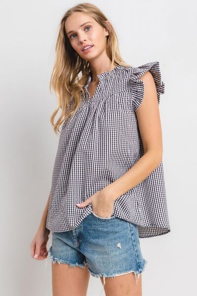 Ces Femme - Black Plaid Ruffled Cap Sleeve Blouse