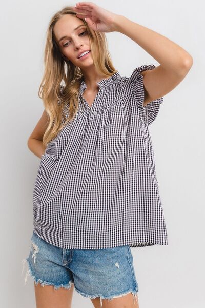 Ces Femme - Black Plaid Ruffled Cap Sleeve Blouse
