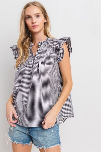 Ces Femme - Black Plaid Ruffled Cap Sleeve Blouse