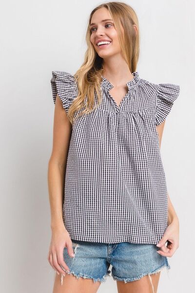 Ces Femme - Black Plaid Ruffled Cap Sleeve Blouse