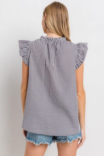 Ces Femme - Black Plaid Ruffled Cap Sleeve Blouse