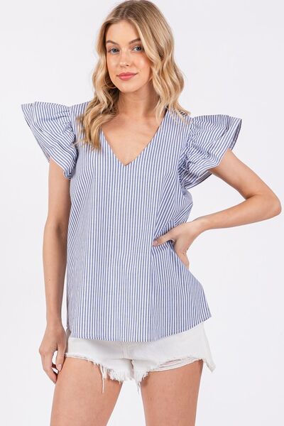 Ces Femme - Blue Striped Ruffled Cap Sleeve Blouse