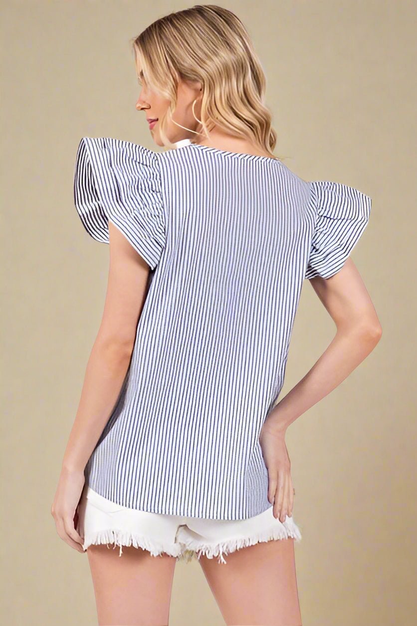 Ces Femme - Blue Striped Ruffled Cap Sleeve Blouse