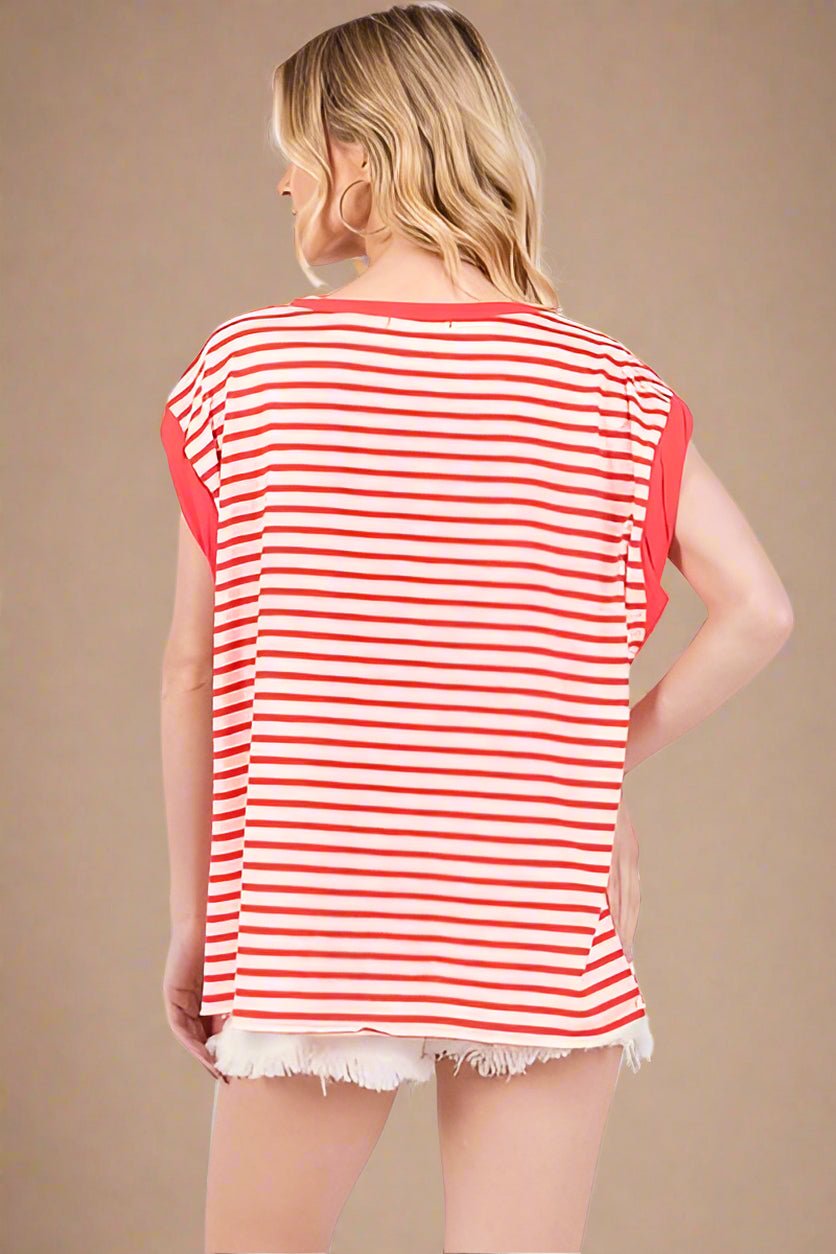 Ces Femme - Red Striped Cap Sleeve Tunic T-Shirt