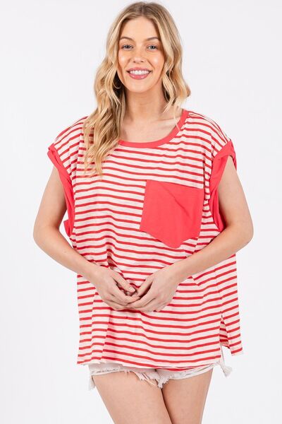 Ces Femme - Red Striped Cap Sleeve Tunic T-Shirt