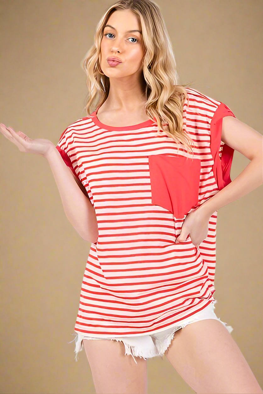 Ces Femme - Red Striped Cap Sleeve Tunic T-Shirt