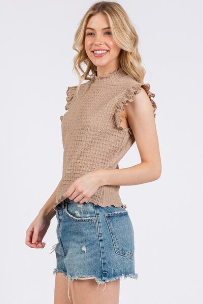 Ces Femme - Ruffle Cap Sleeve Smocked Blouse in Camel