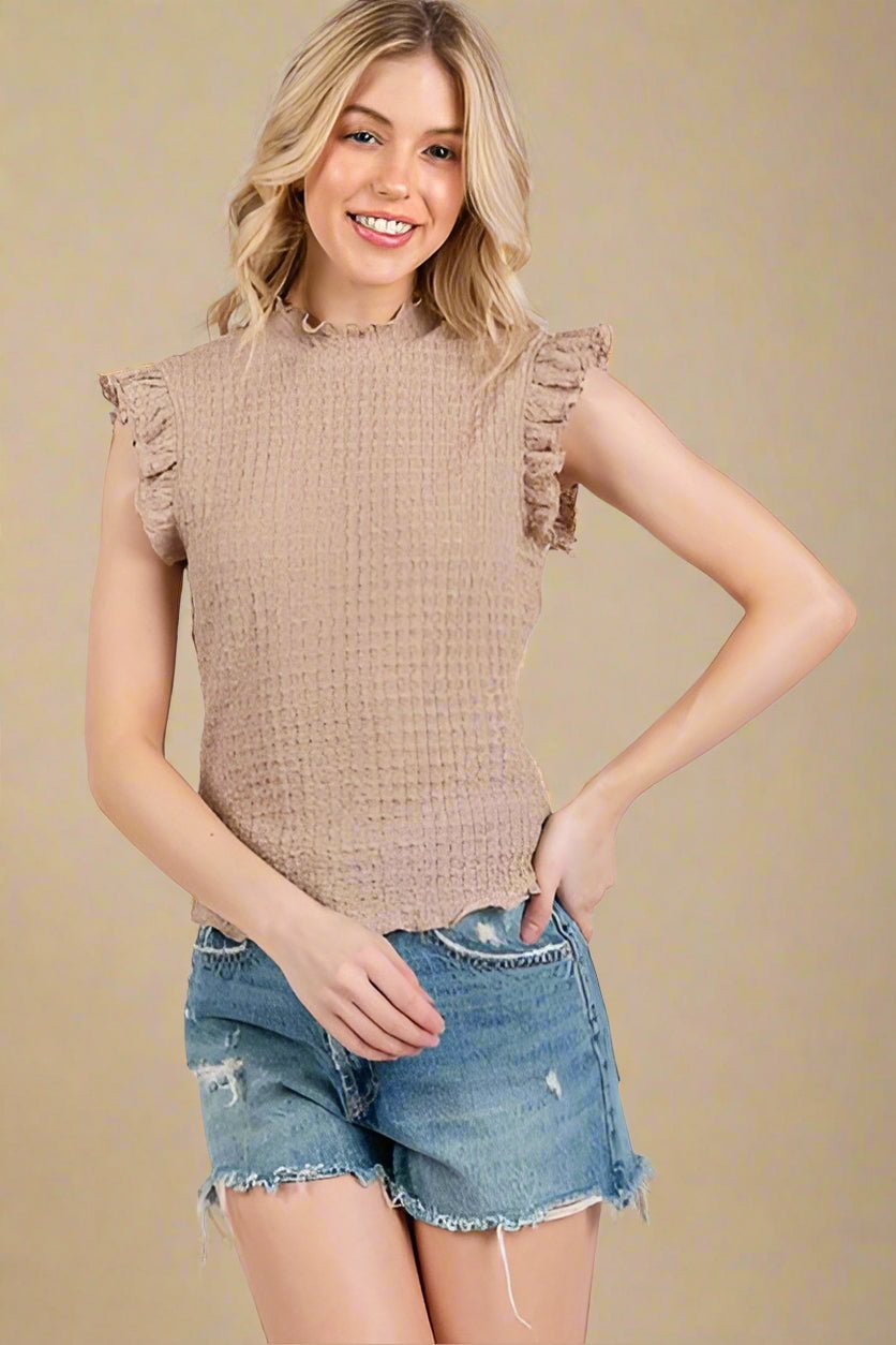 Ces Femme - Ruffle Cap Sleeve Smocked Blouse in Camel