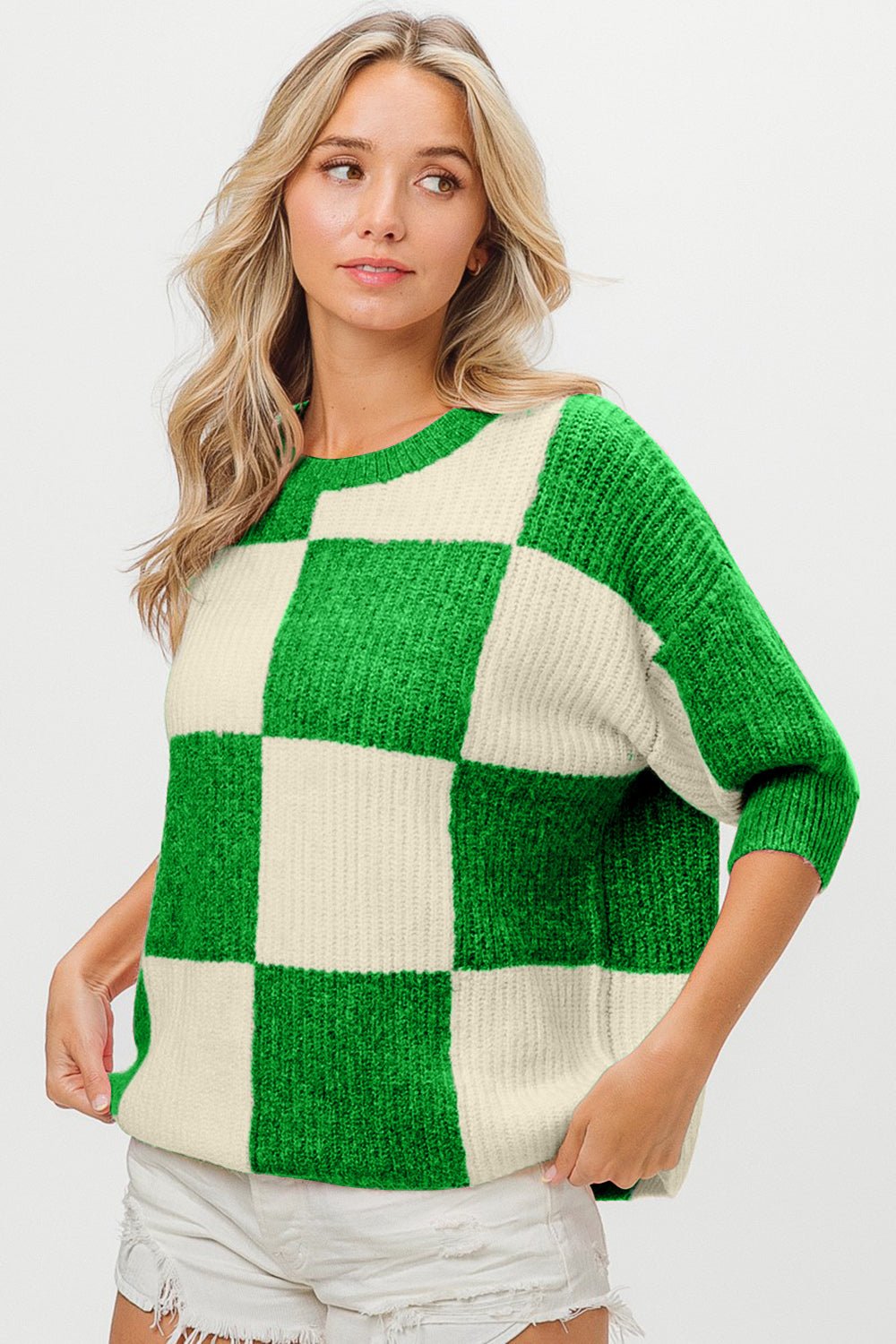 Checkered Contrast Crew Neck Sweater in JadeSweaterBiBi