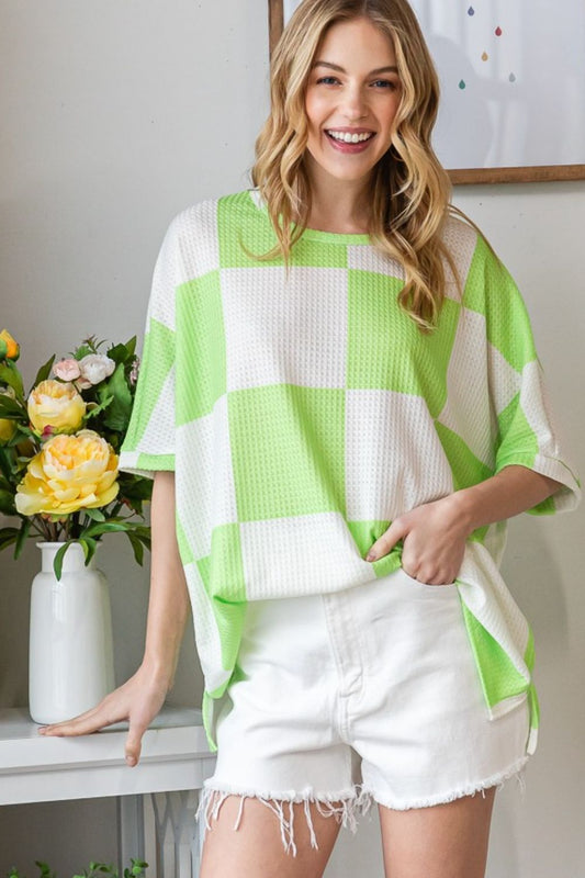 Checkered Waffle Knit Oversized T-Shirt in Mint GreenT-ShirtHOPELY