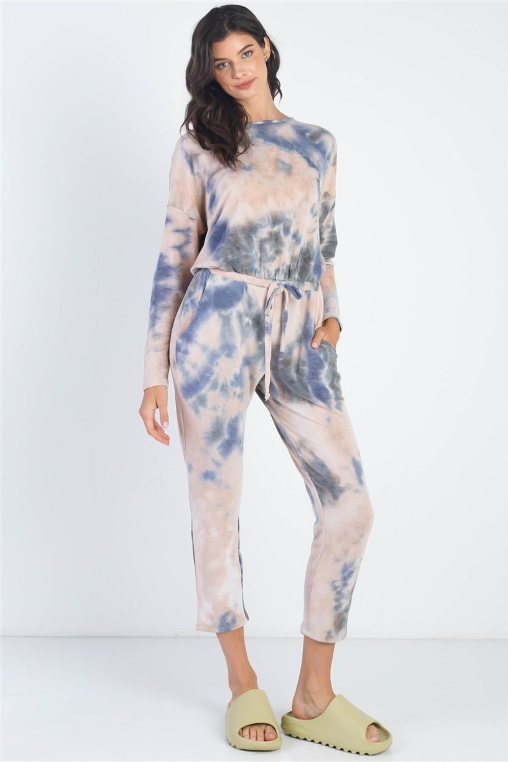 CHERISH APPARELTie - Dye Long Sleeve Jumpsuit in Navy