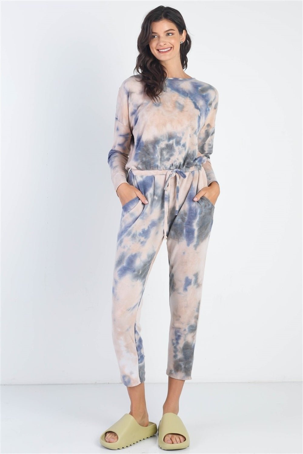 CHERISH APPARELTie - Dye Long Sleeve Jumpsuit in Navy