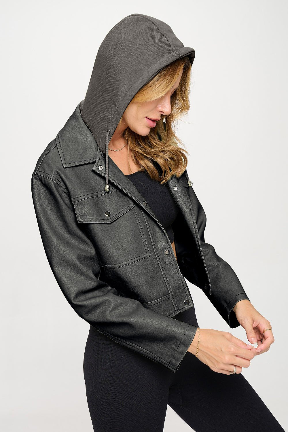 COALITION LA - Bronze Vegan Leather Snap Down Cropped Hooded Jacket