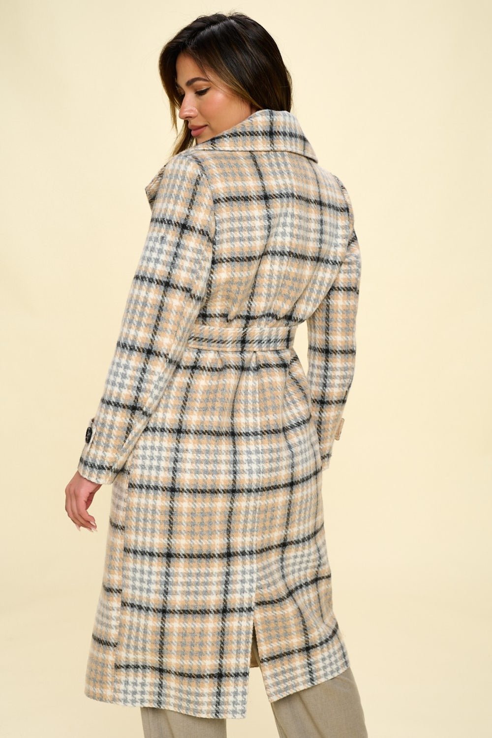 COALITION LA - Double - Breasted Vegan Wool Plaid Trench Coat in Khaki Multi