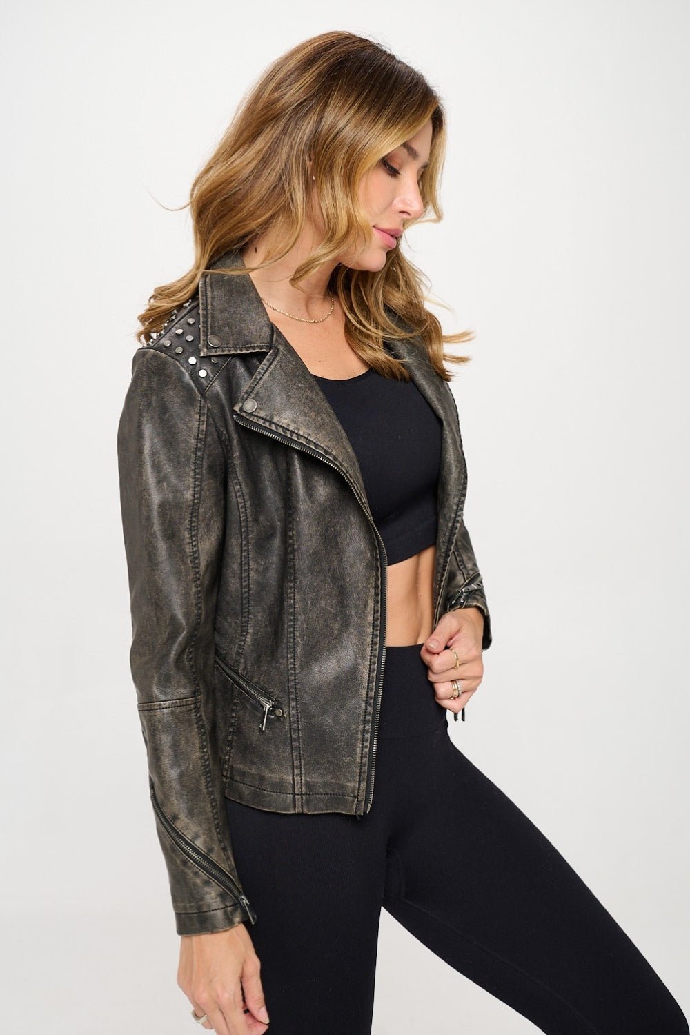 COALITION LA - Studded Classic Vegan Leather Moto Jacket in Brown