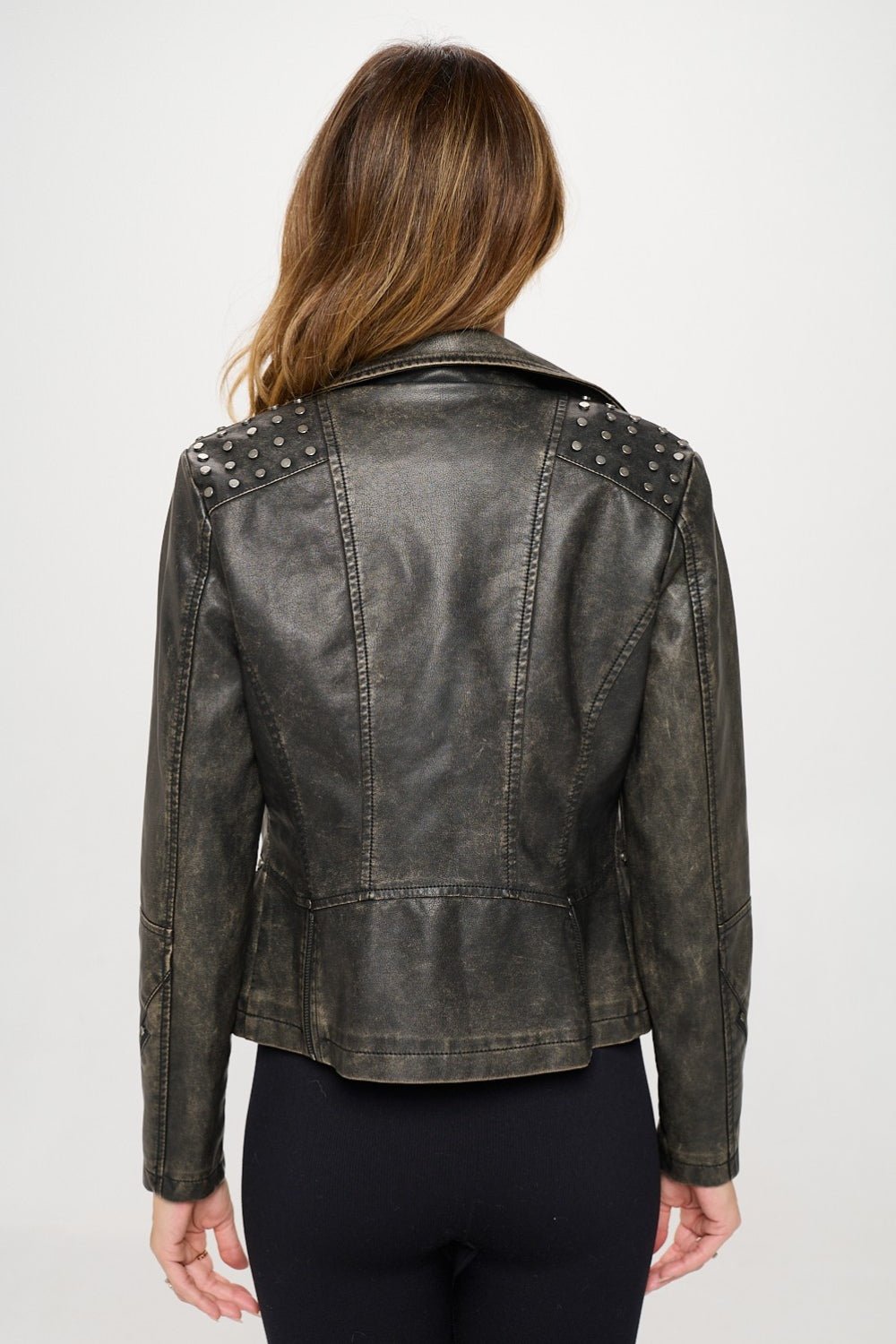 COALITION LA - Studded Classic Vegan Leather Moto Jacket in Brown