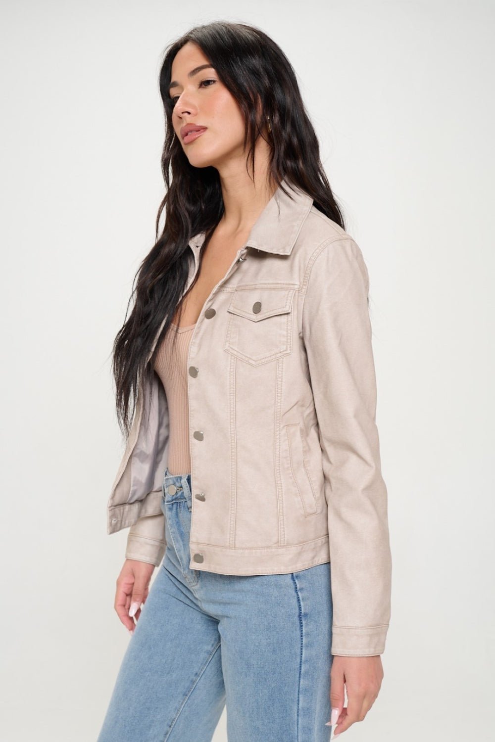 COALITION LA - Vegan Leather Button Down Cargo Shacket in Cream