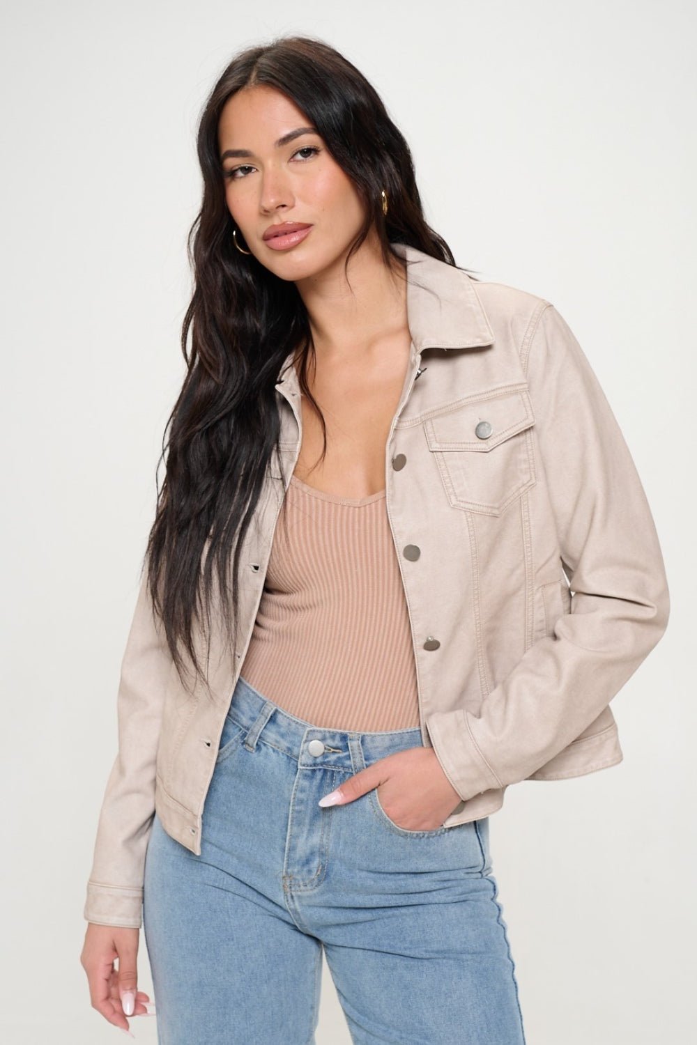 COALITION LA - Vegan Leather Button Down Cargo Shacket in Cream