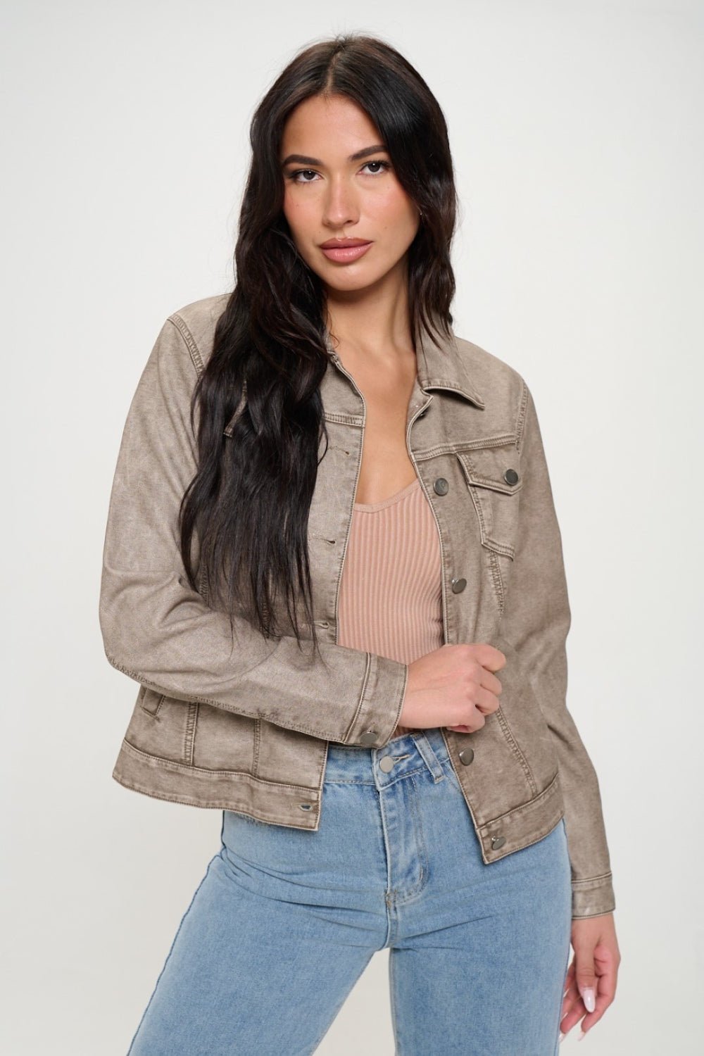 COALITION LA - Vegan Leather Button Down Cargo Shacket in Khaki