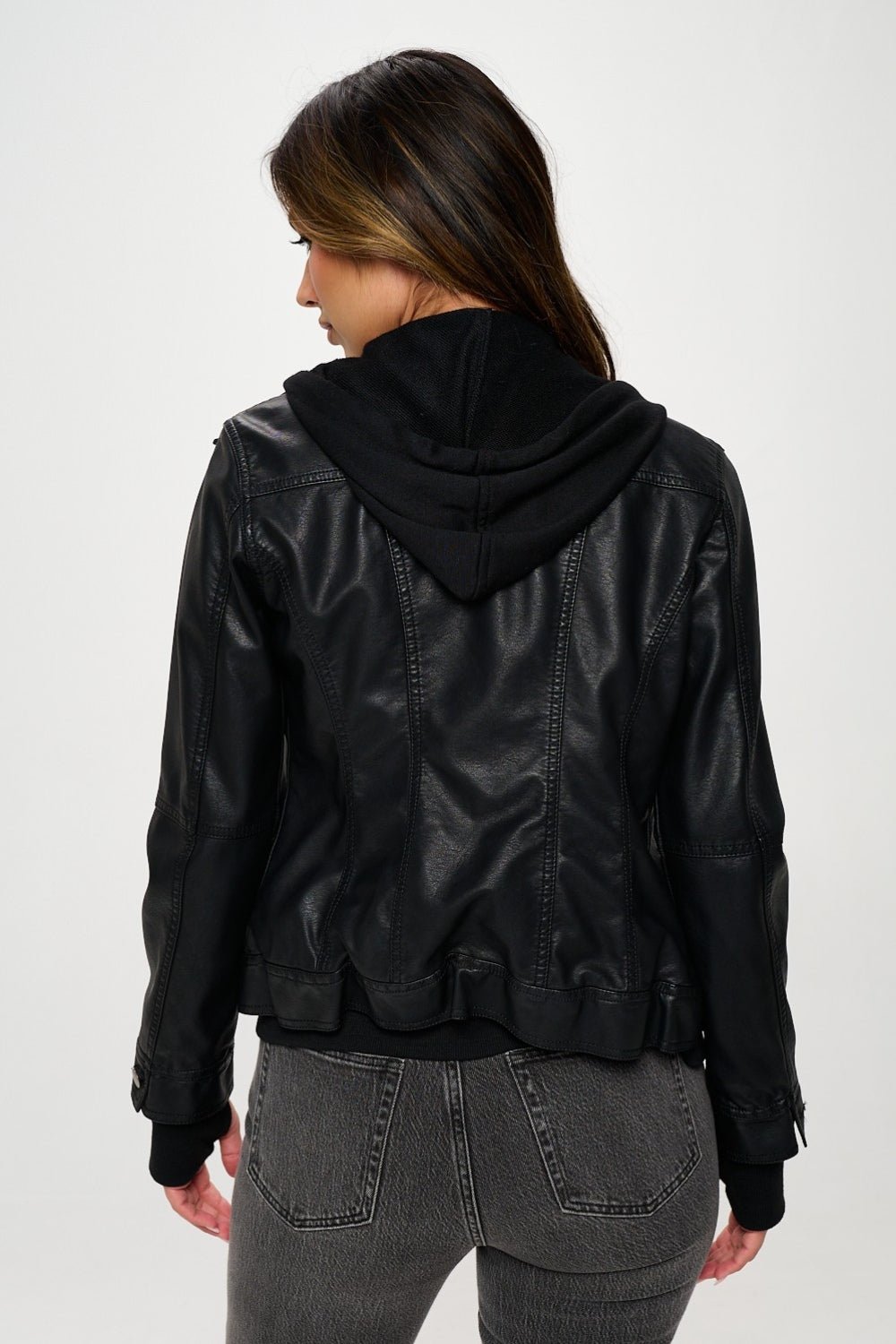 COALITION LA - Vegan Leather Double Zip Hooded Long Sleeve Jacket in Black