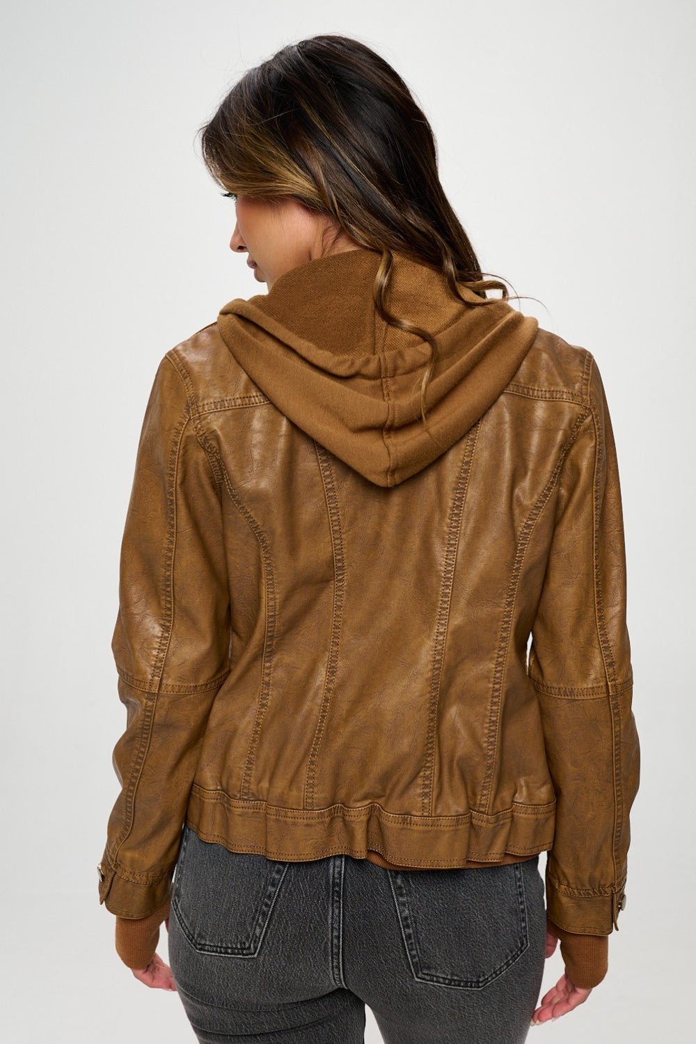 COALITION LA - Vegan Leather Double Zip Hooded Long Sleeve Jacket in Camel