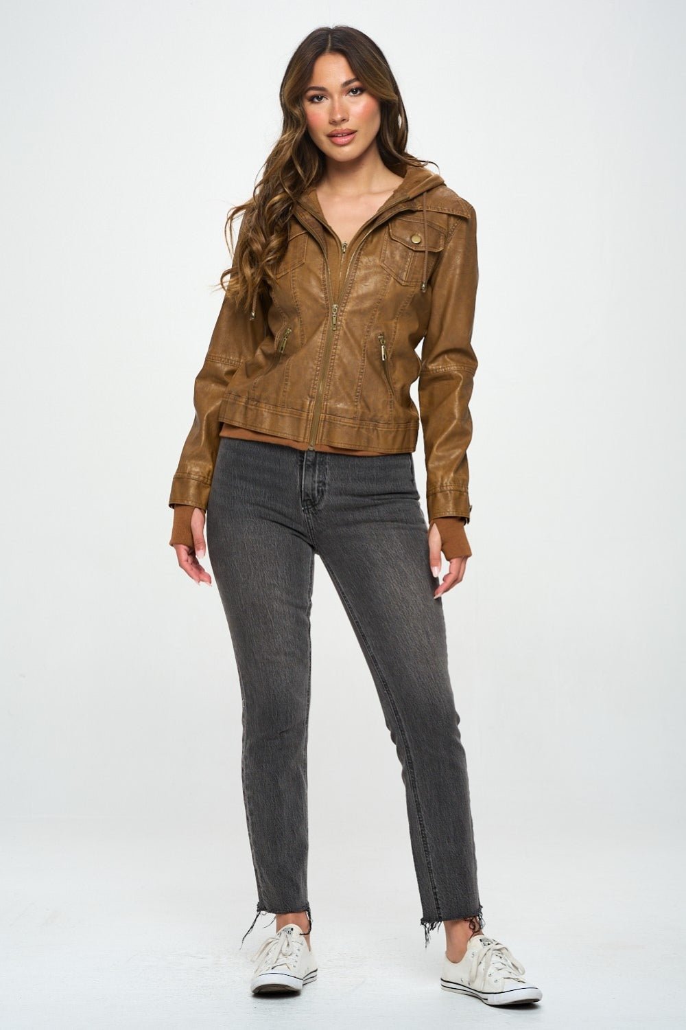 COALITION LA - Vegan Leather Double Zip Hooded Long Sleeve Jacket in Camel